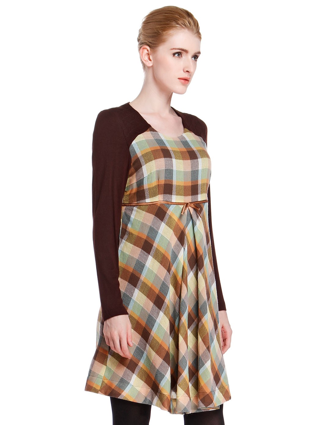 丹尼爱特daniel hechter女装专场 > 修身 清新拼接黄咖色格子长袖