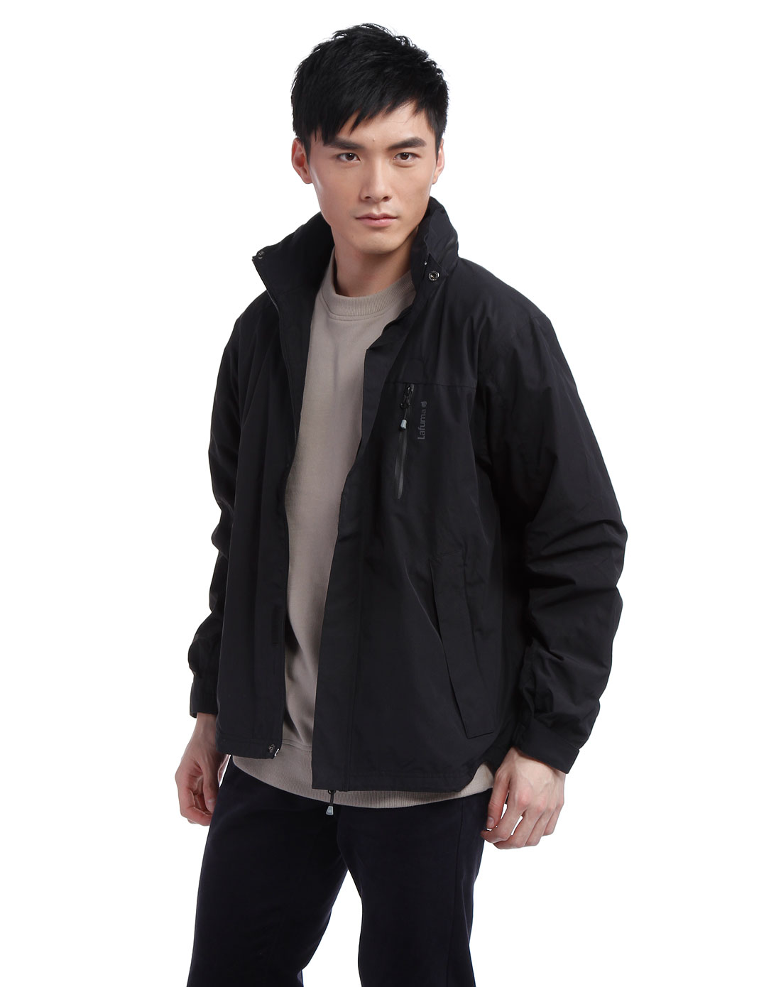 乐飞叶 男款黑色长袖立领风衣