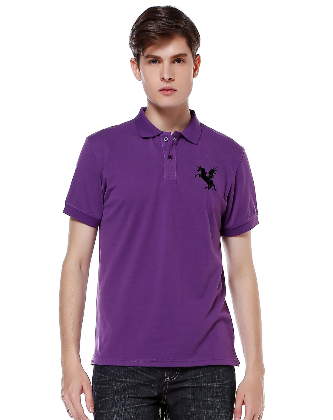 胸前天马绣花紫色短袖polo