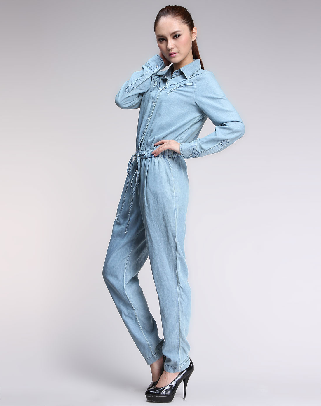 蓝色个性长袖连身长裤