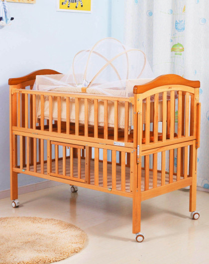 康威榉木工字摇蓝镶色双层豪华婴儿床120*64(送宫廷式蚊帐)