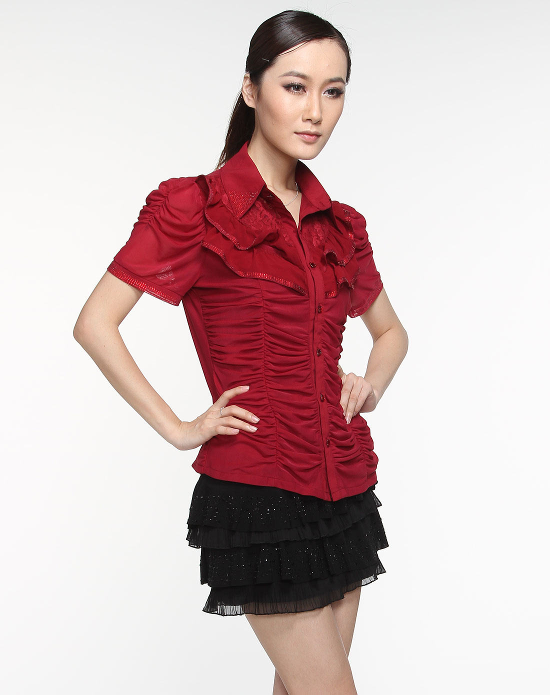 枣红色蕾丝花边短袖衬衫