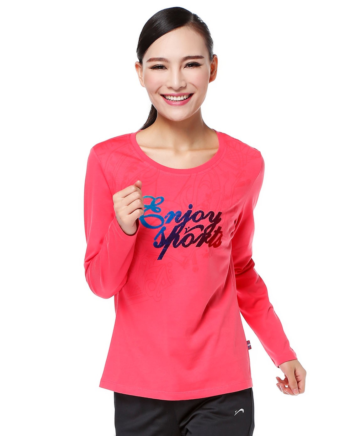 女款胭脂红色圆领针织长袖t恤 斯文活力