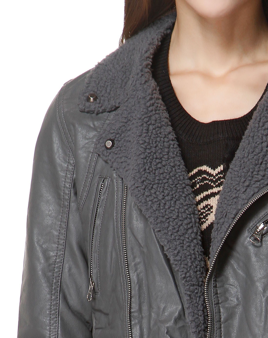 灰色毛领时尚长袖仿皮外套