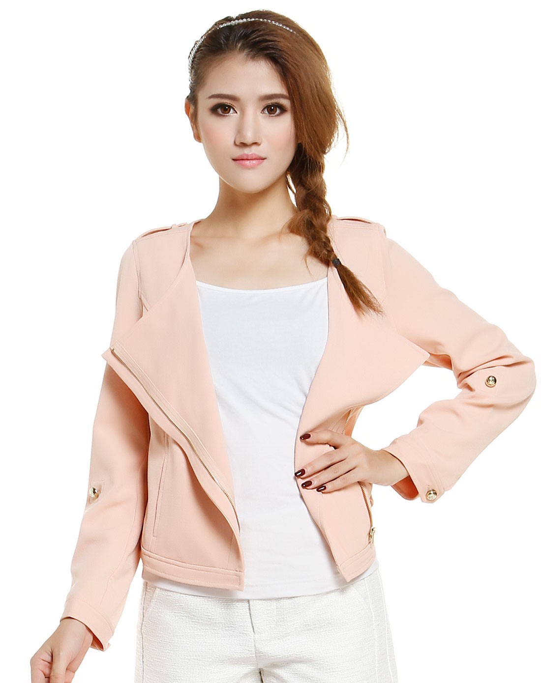 虾肉色简约淑女长袖外套