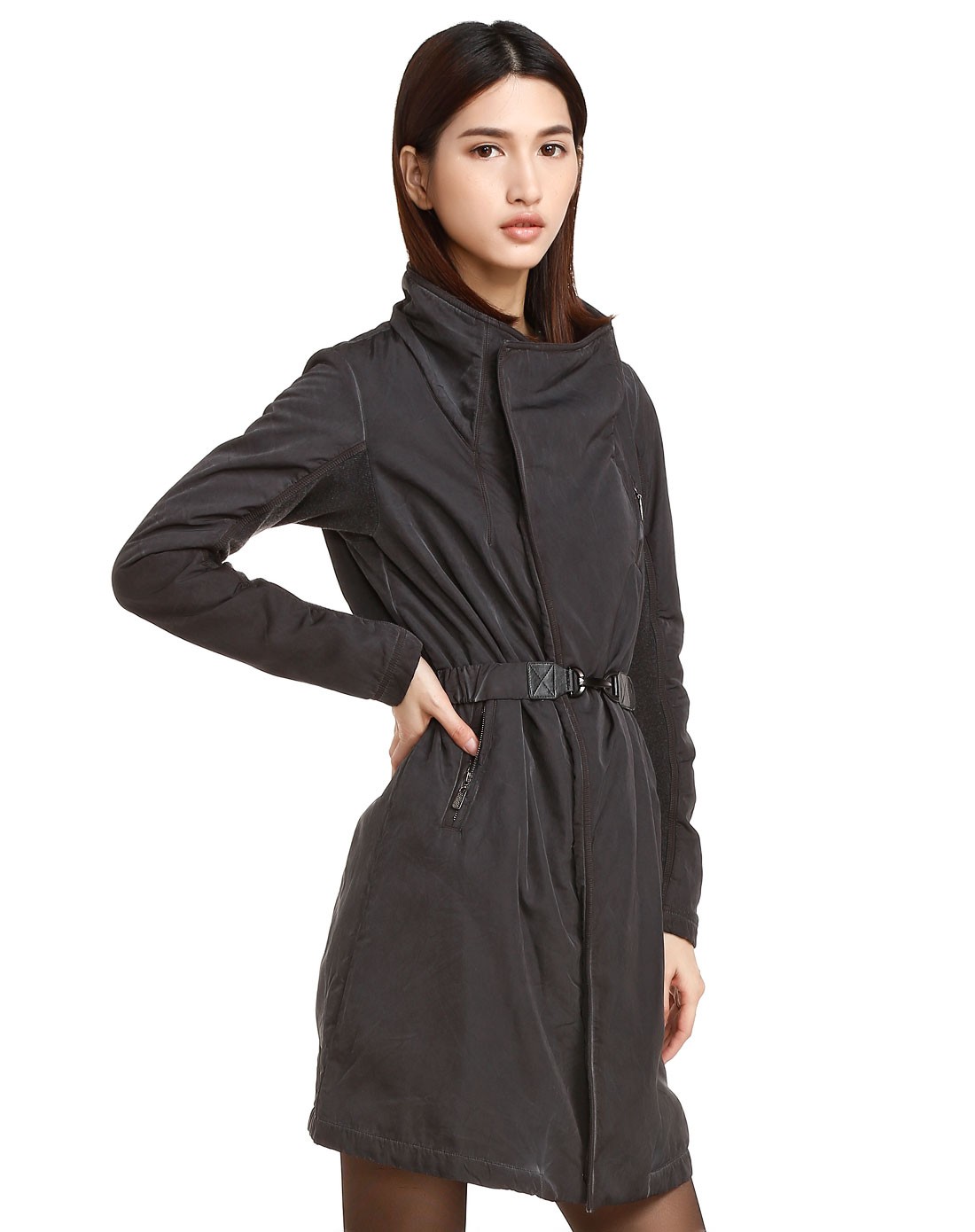 炭黑色高贵魅力修身长袖长款外套