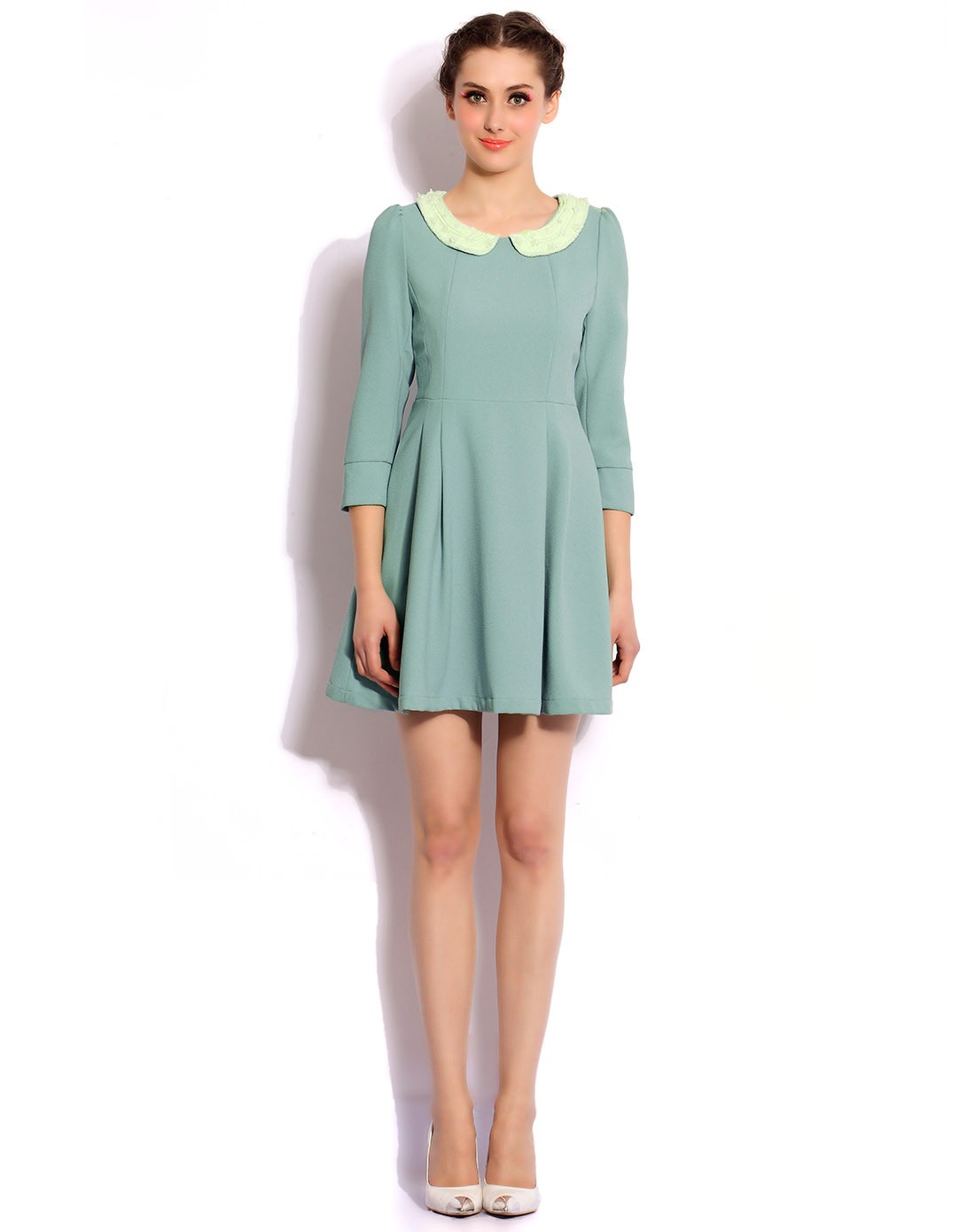 绿色可拆卸甜美珍珠领公主线长袖连衣裙