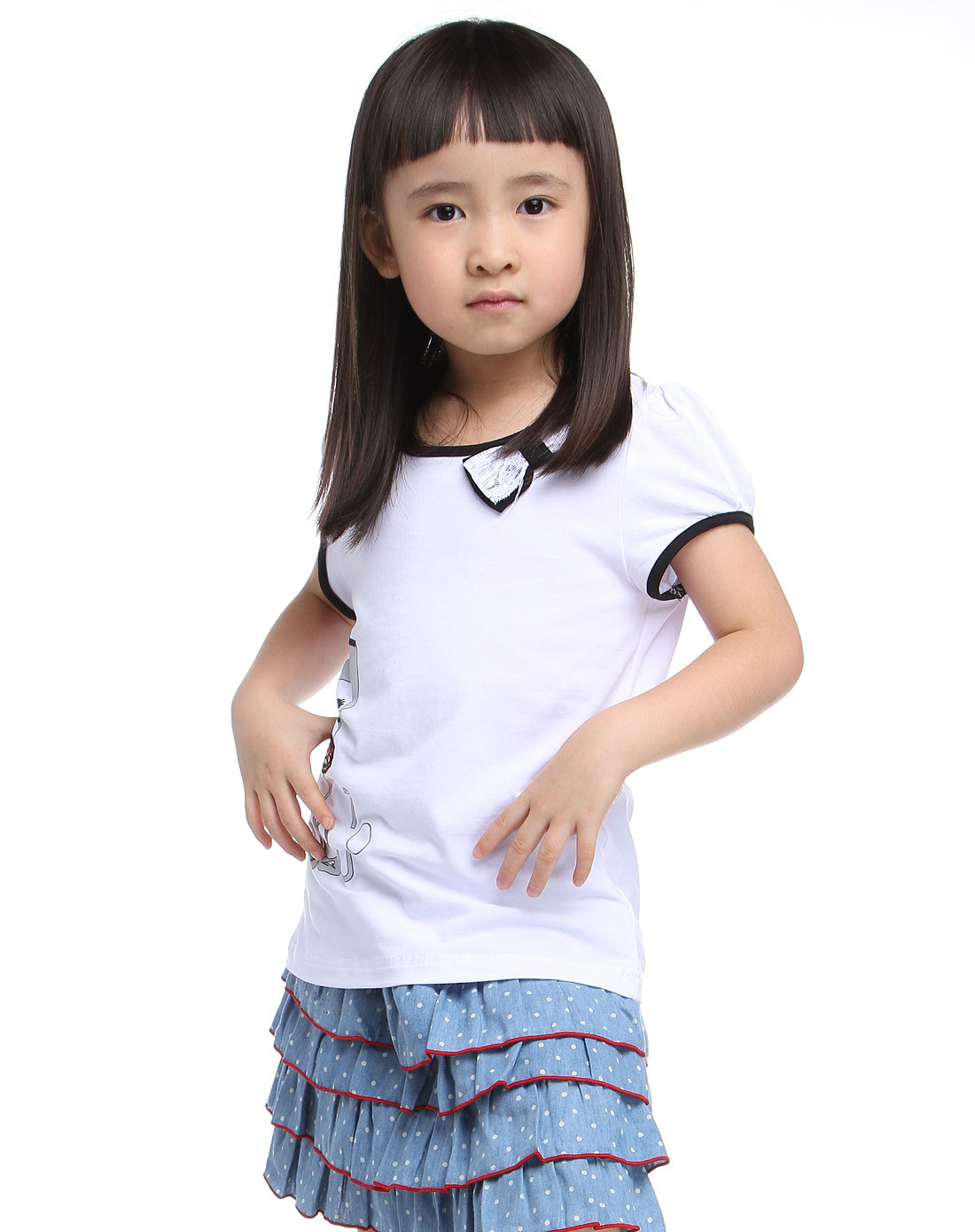 卡赛欧kasaiou 女童白/黑色时尚蝴蝶结小女孩短袖t恤