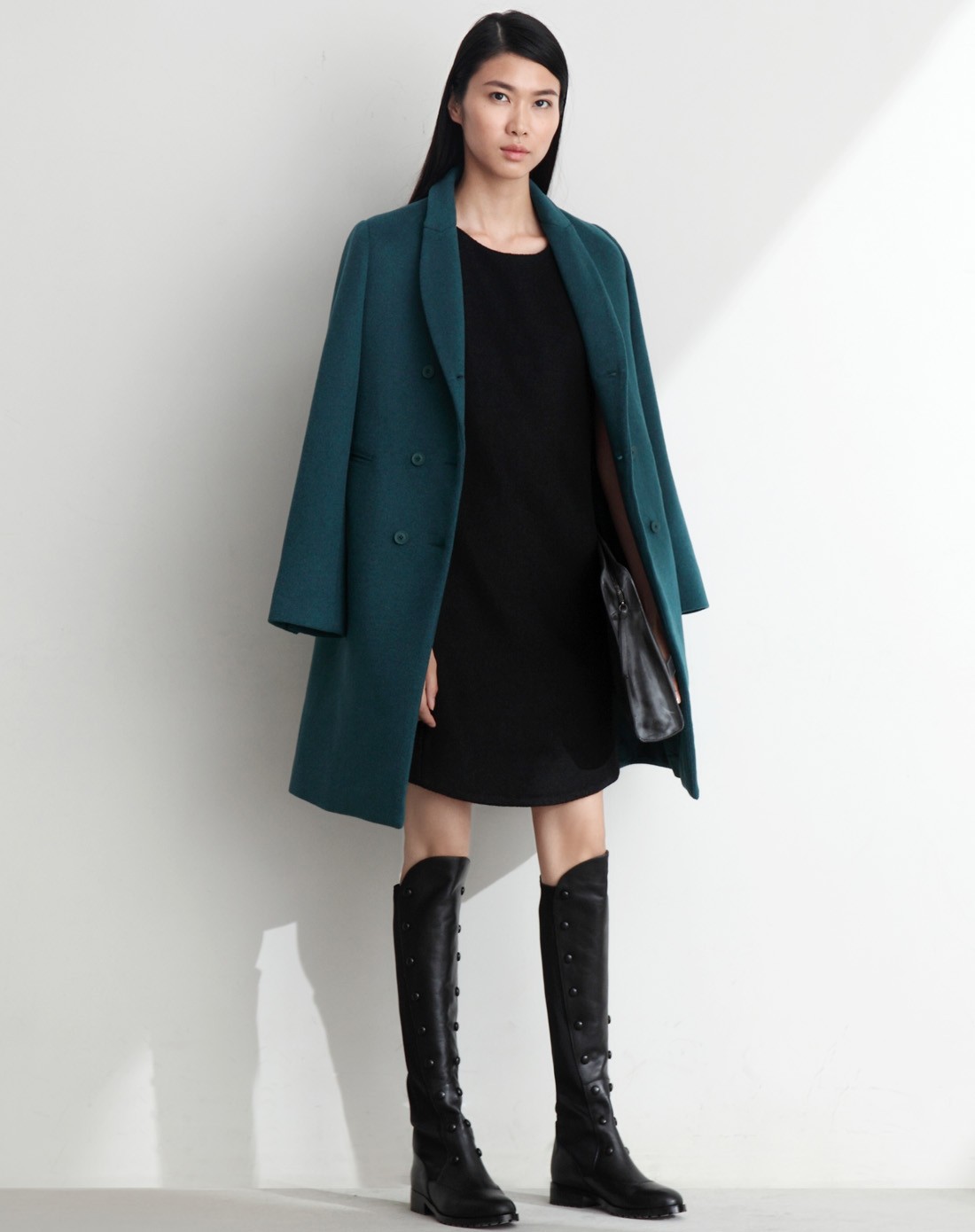 深湖绿小翻领及膝中长款羊毛毛呢大衣