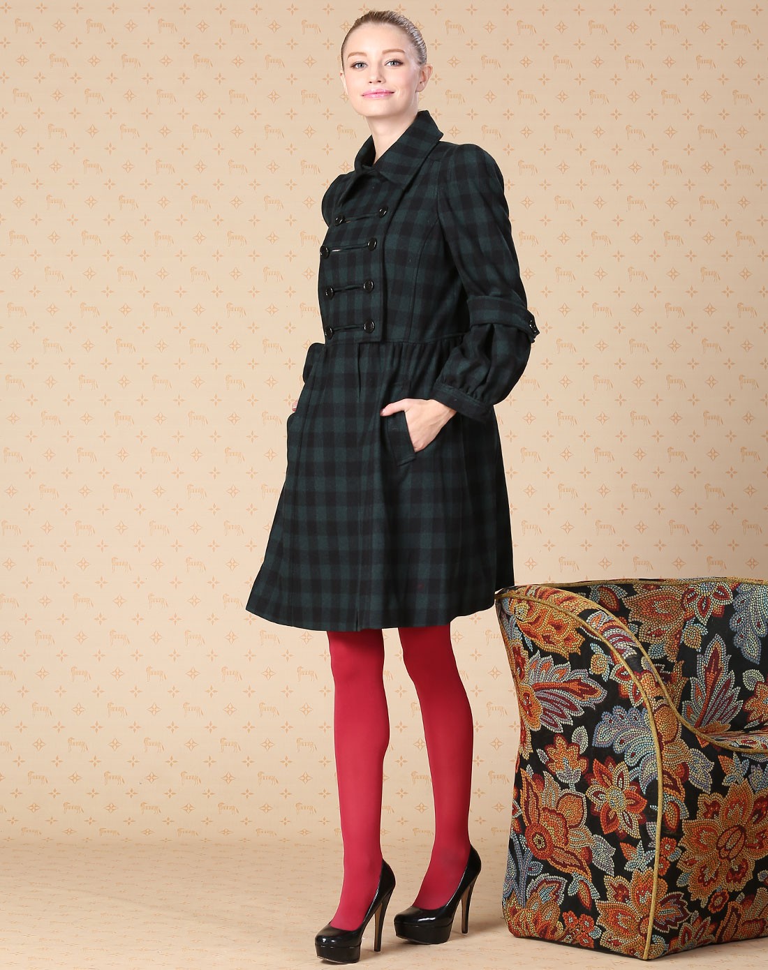 墨绿/黑色欧美风格纹长袖长款外套