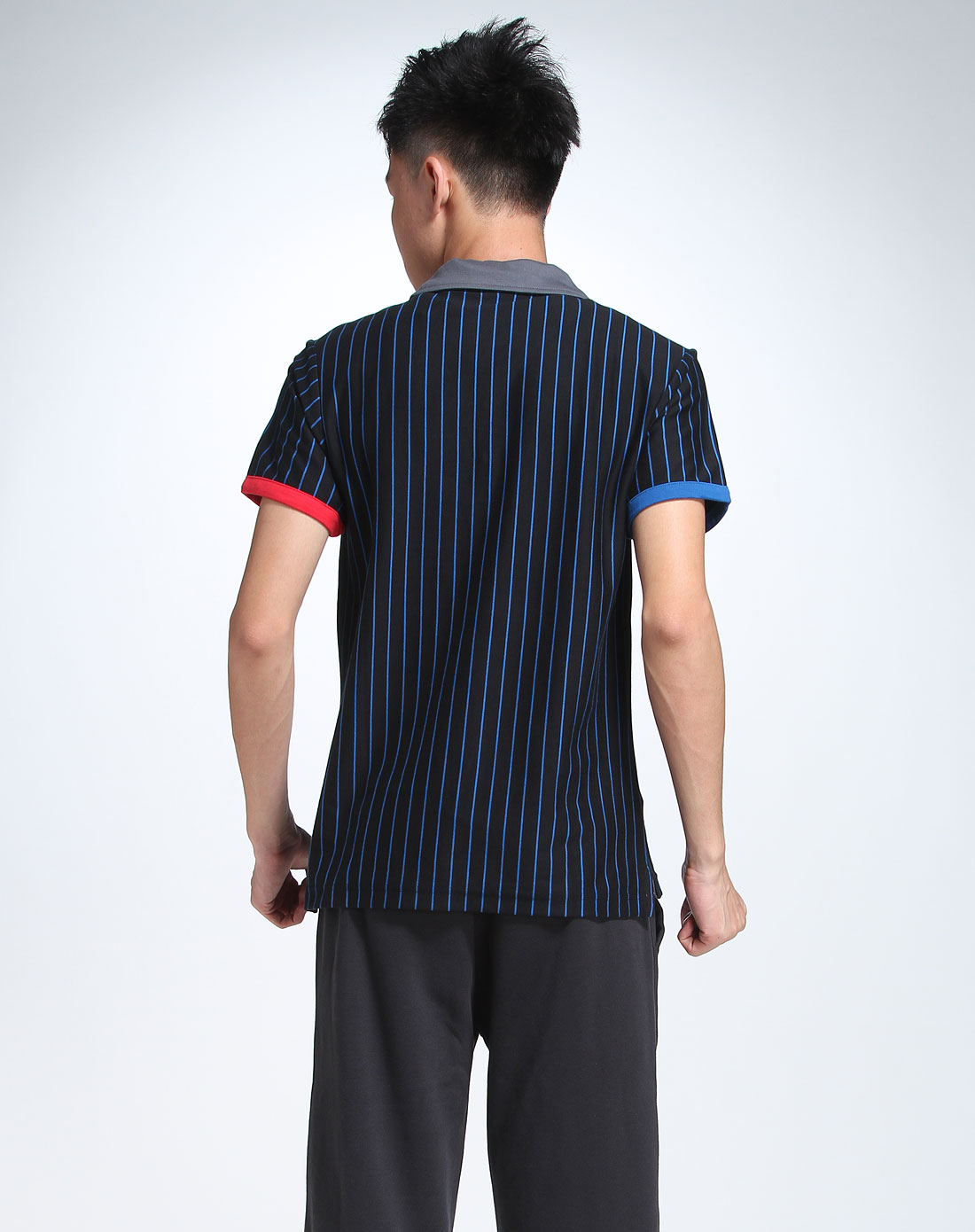 男款黑/蓝色竖条纹意式经典系列短袖polo衫