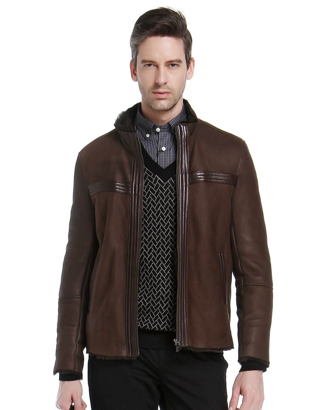 s.t.dupont男装专场 > 咖啡色立领帅气长袖皮衣