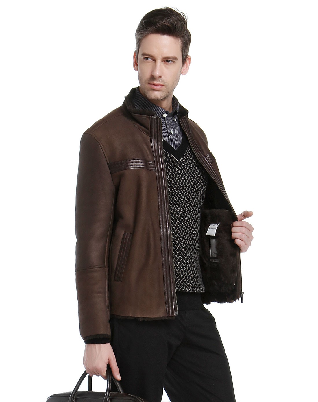 s.t.dupont男装专场 > 咖啡色立领帅气长袖皮衣