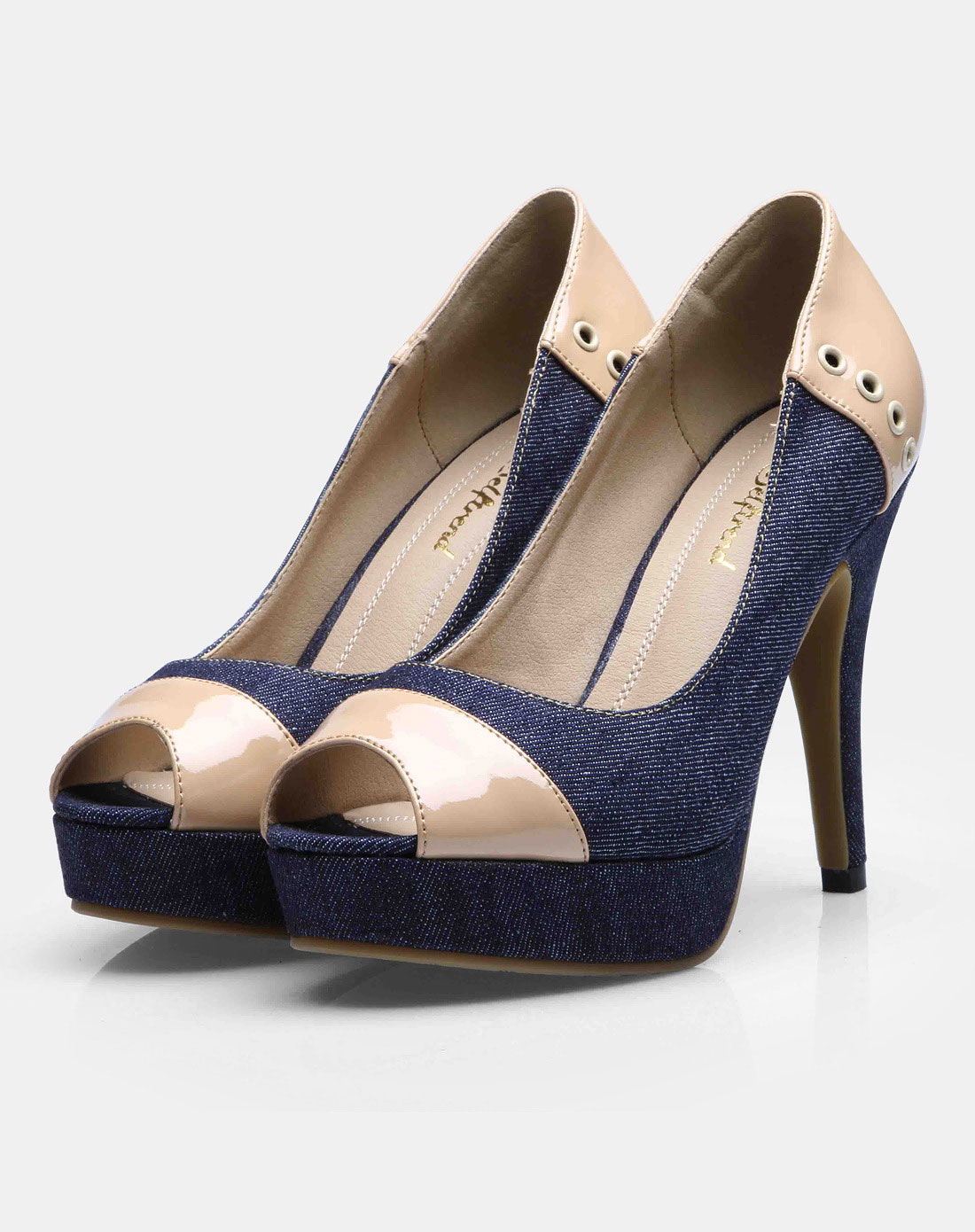 漆皮拼接牛仔布高跟鞋