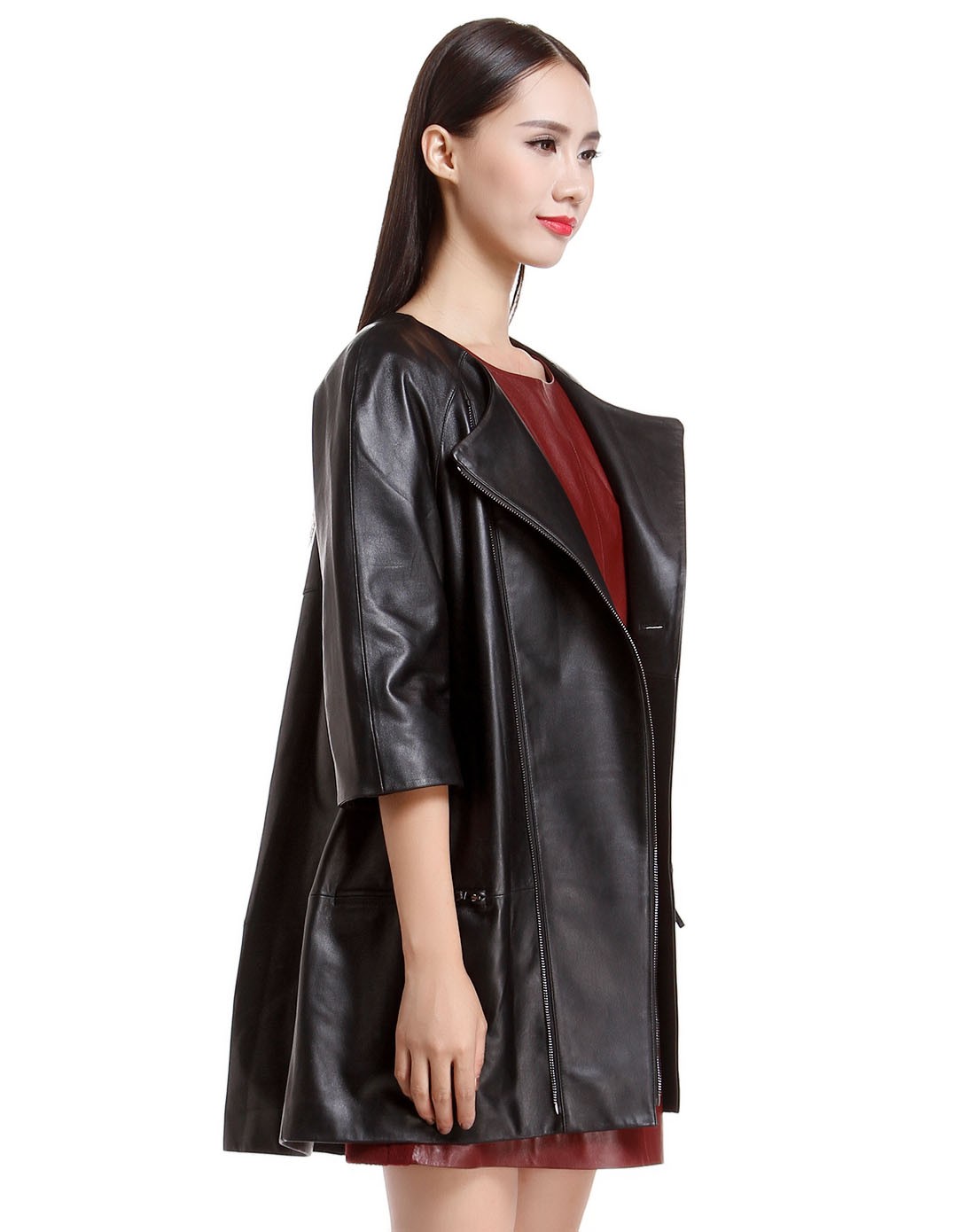 in see黑色潮流时尚七分袖长款皮衣