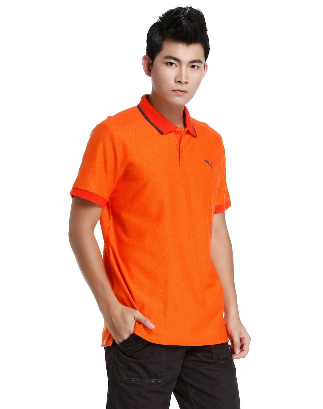 男款深橙色短袖翻领t恤 简约舒适