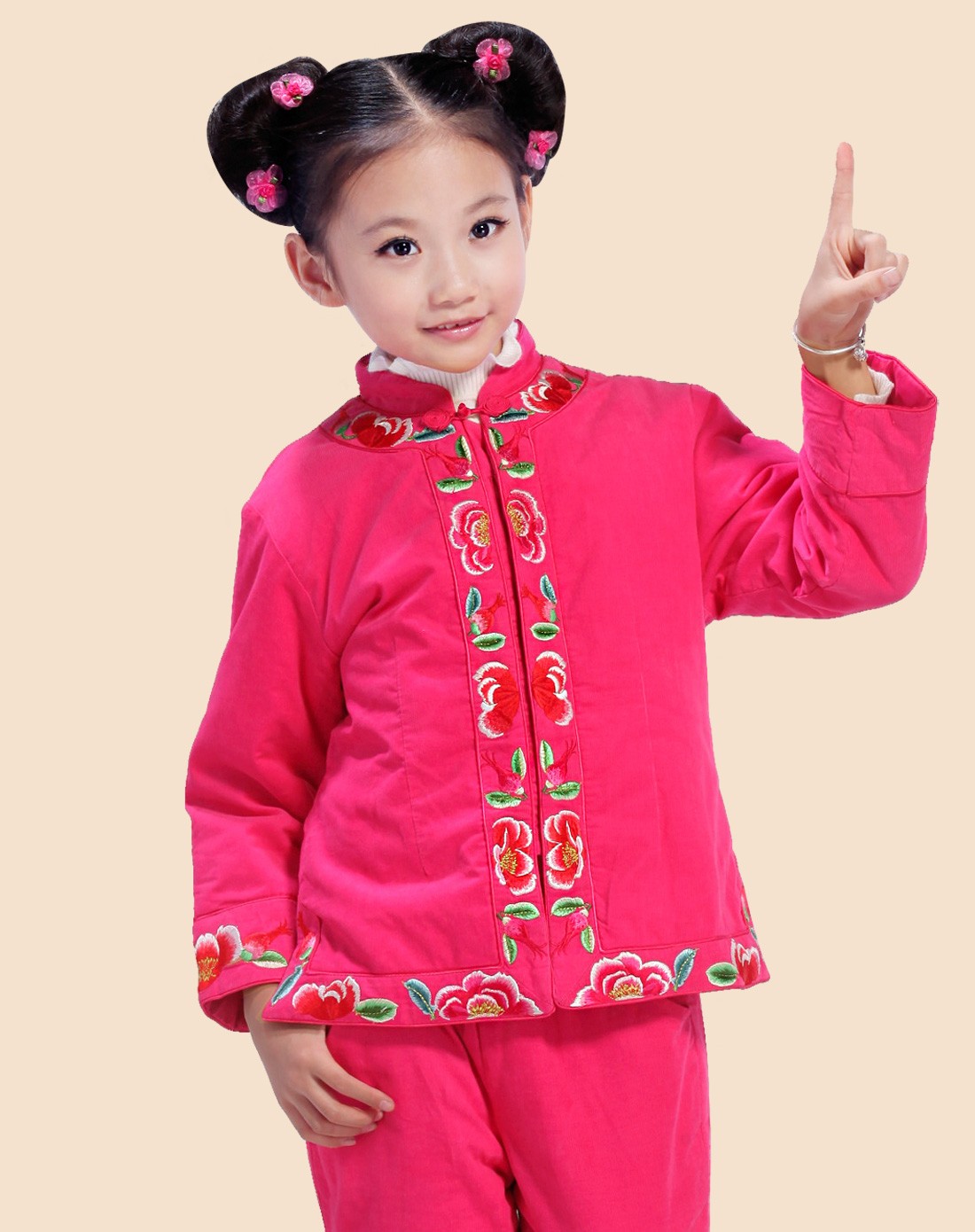 女童玫红玫园聆碟对襟棉袄