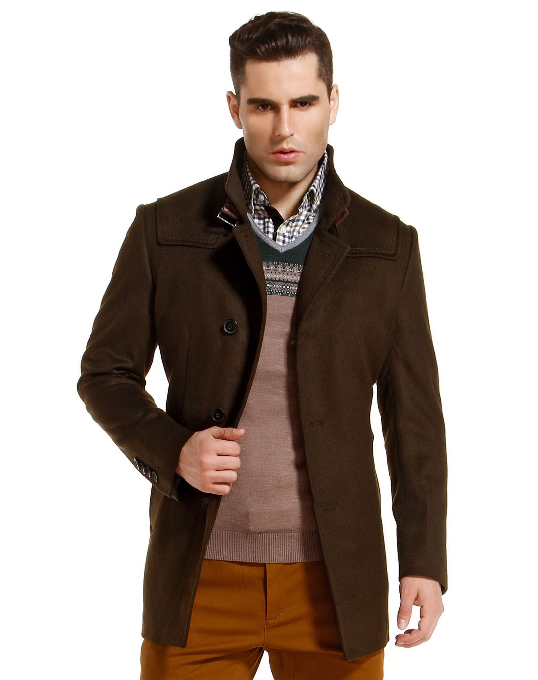 深棕绿色经典大牌长袖大衣