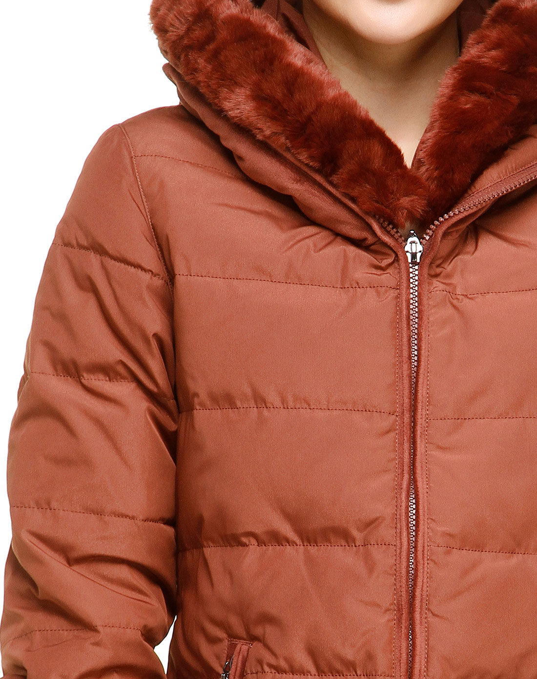 女款红褐色简洁百搭连帽长袖羽绒服