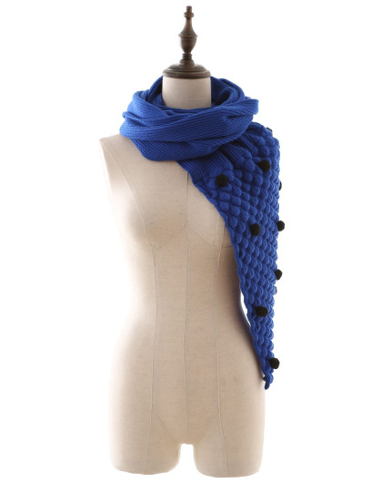 深海蓝宫廷风鱼鳞钩花毛球披肩围脖