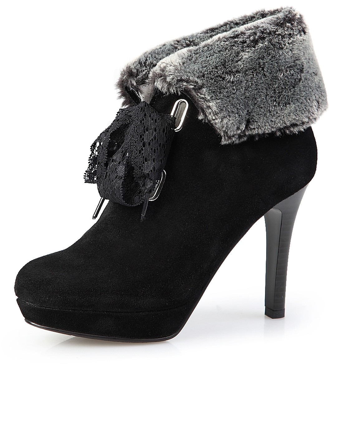 黑色牛绒高跟蕾丝绑带深口单鞋