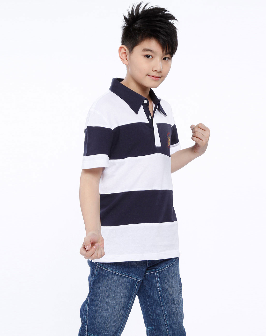 鎏恒色新锐少年装old&new男童专场-宝蓝/白色间纹短袖t恤