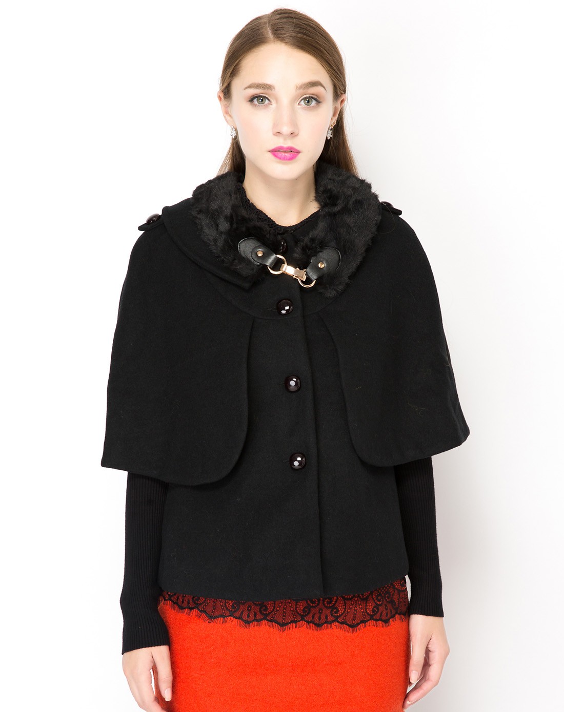 黑色毛领潮流披肩式外套