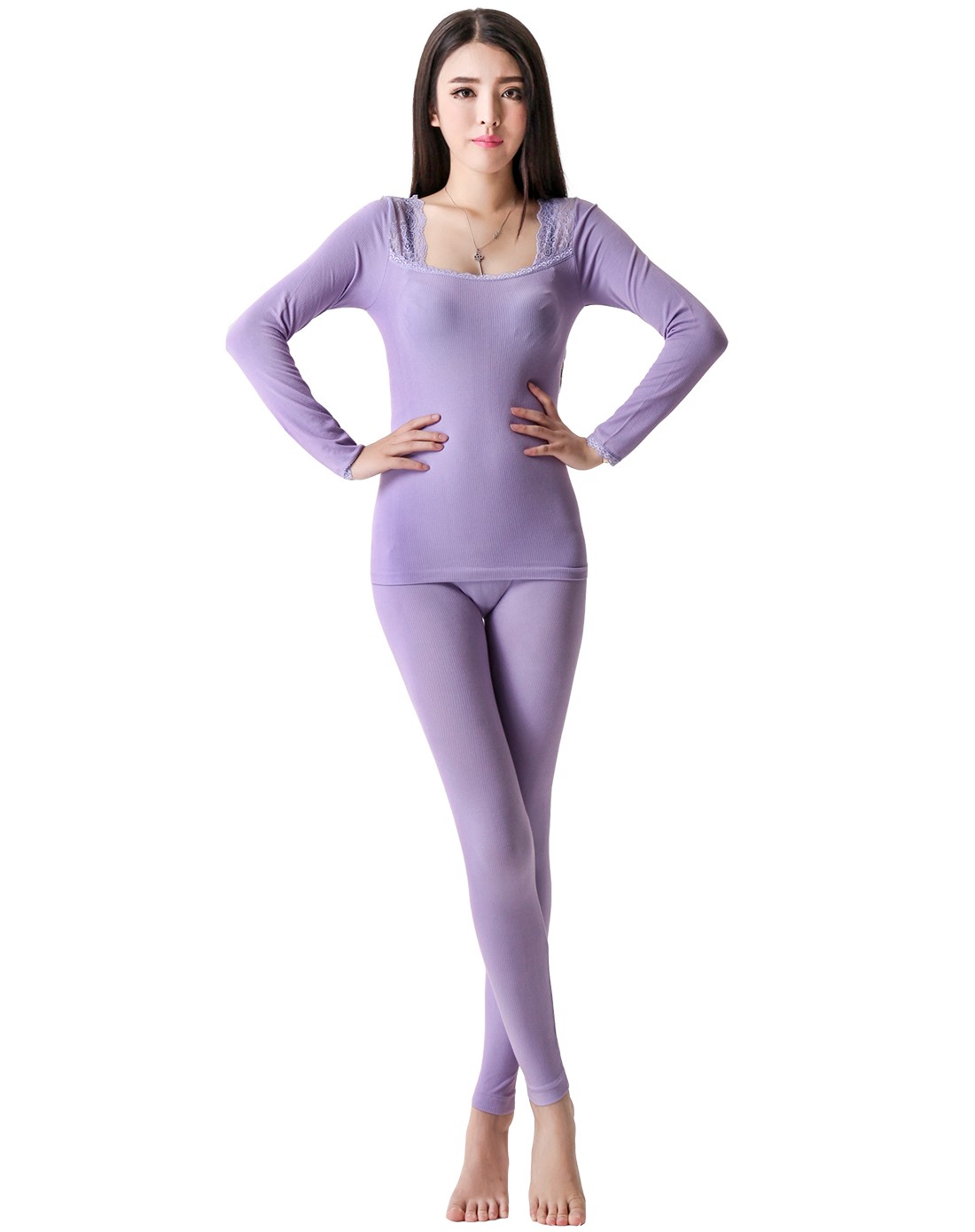 女款浅紫蕾丝方领美体内衣套装