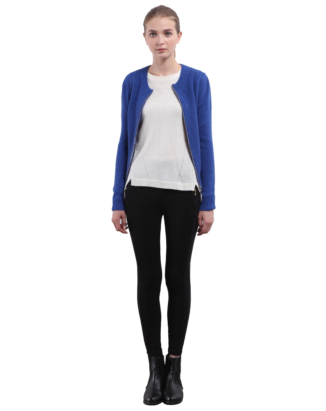 宝石蓝女圆领拉链拼接短开衫