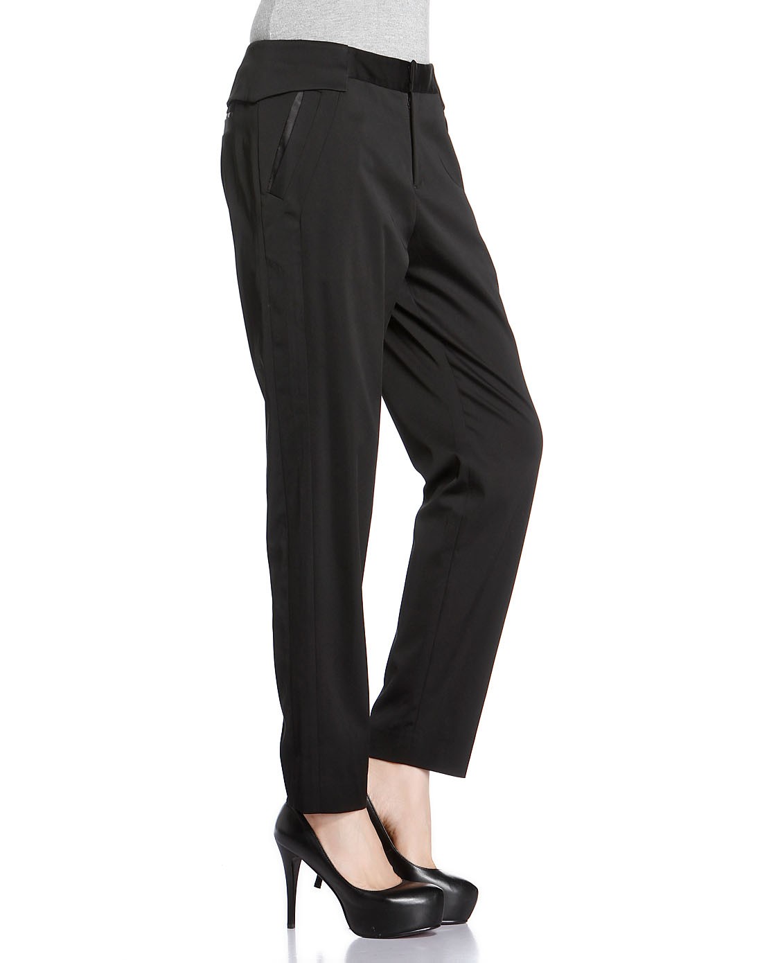 珂莱蒂尔koradior女装高端系列专场黑色百搭斜口袋长裤r13b510403