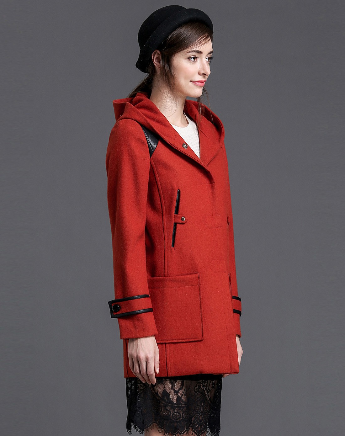 砖红色连帽休闲长款毛呢大衣