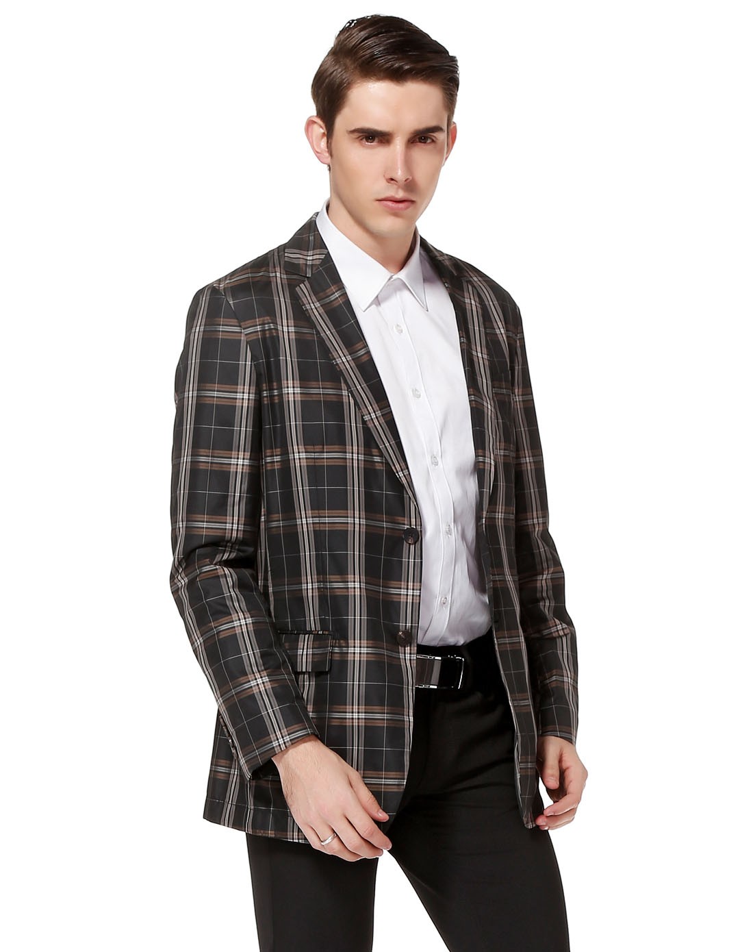 卓诺迪cerruti 1881黑/中啡色时尚格纹长袖薄外套c235420111-87_唯品