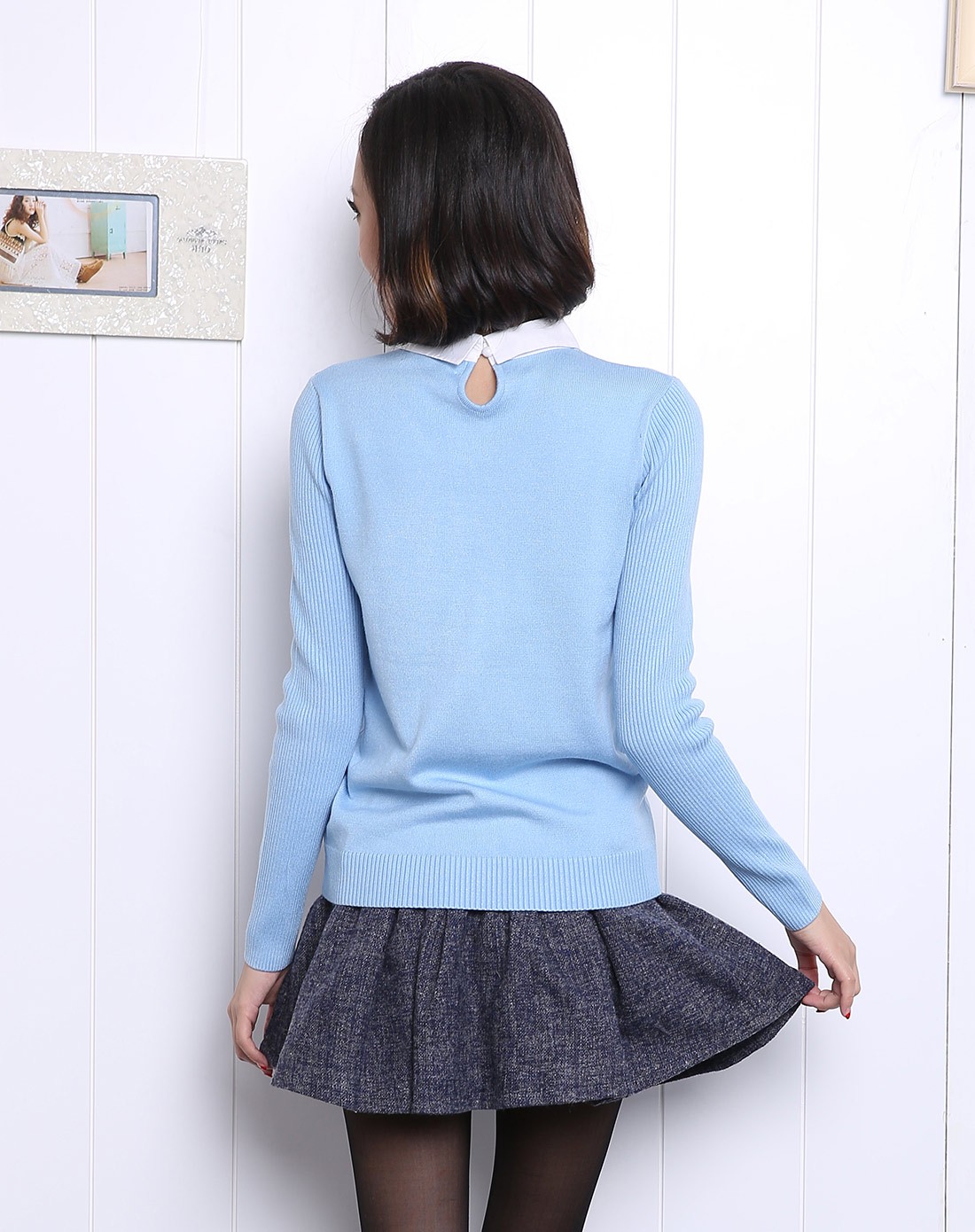 sattachera女款粉蓝色甜美天鹅图案长袖毛衣