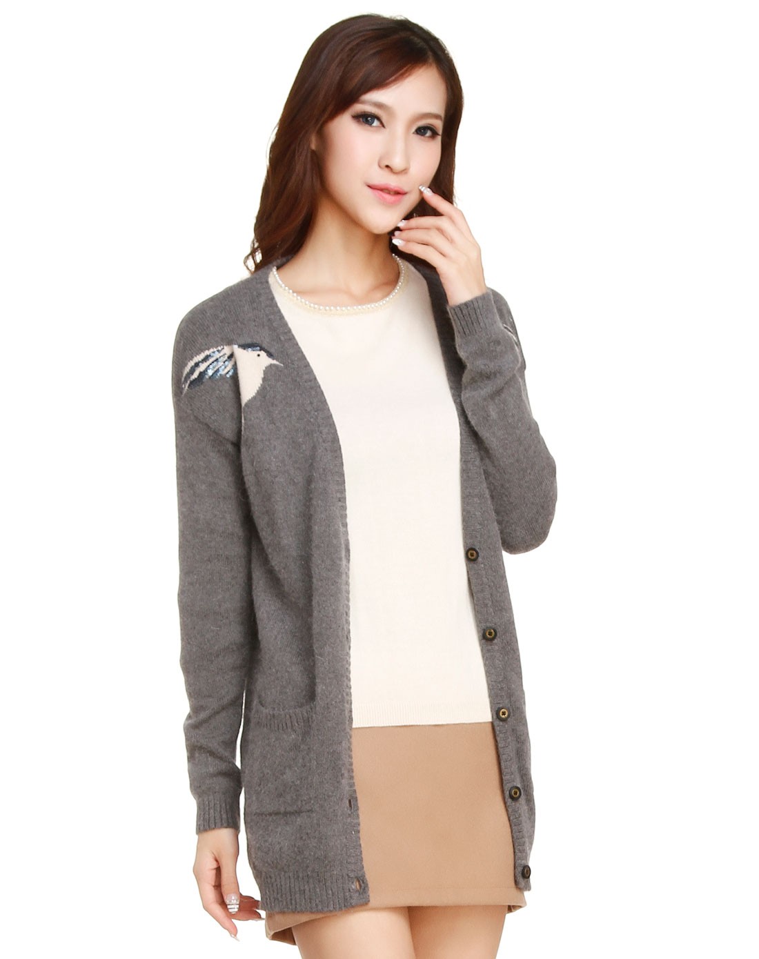 银灰色小鸟提花开襟长袖针织衫