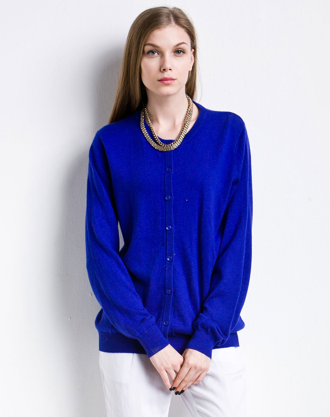 宝蓝色简约休闲长袖开襟针织衫