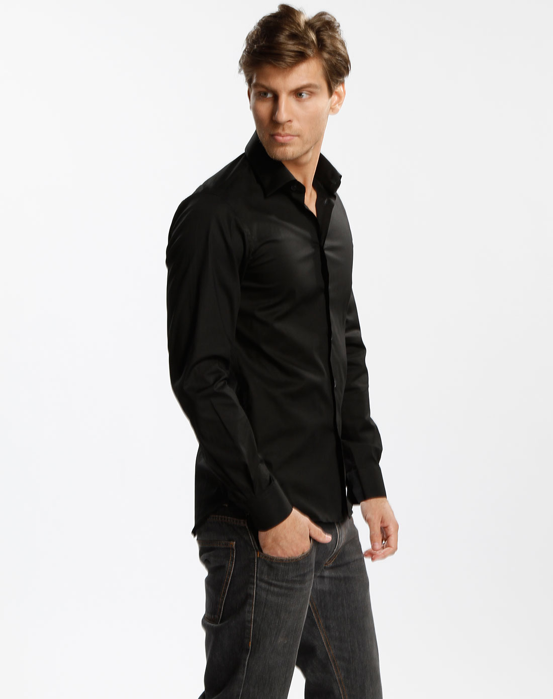 卡尔文克莱恩calvin klein 男款纯黑色长袖翻领衬衫