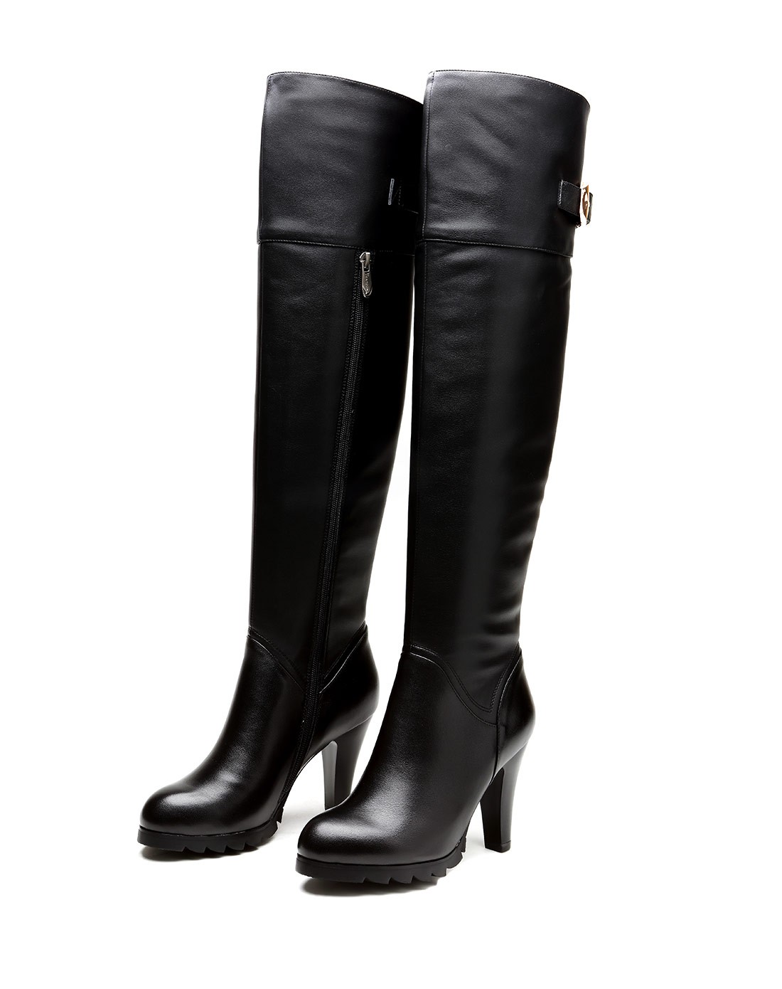 时尚牛皮 pu黑色高跟长靴