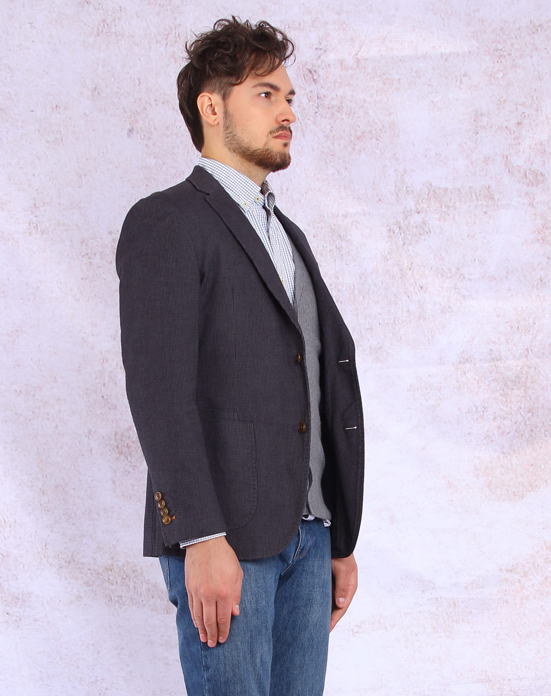 爵克男款黑蓝/灰色稳重成熟格子长袖西装32m040561_唯品会