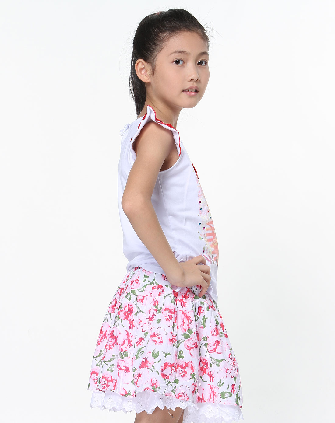 女童白色印女孩时尚背心