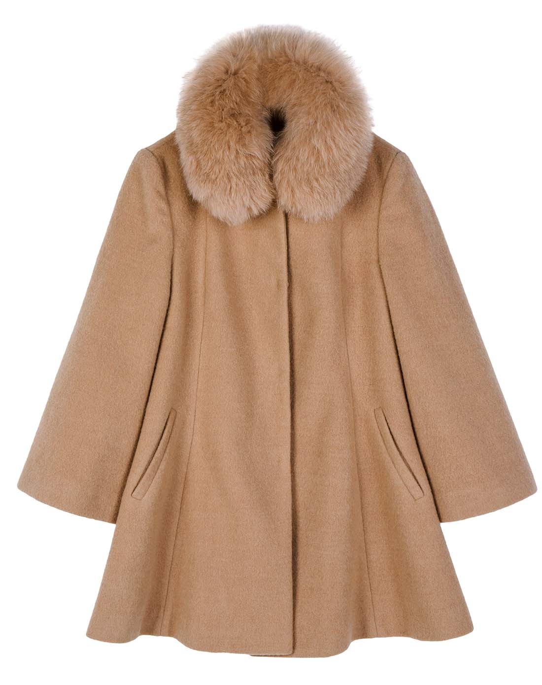 黄杏色优雅可拆毛领喇叭毛呢外套