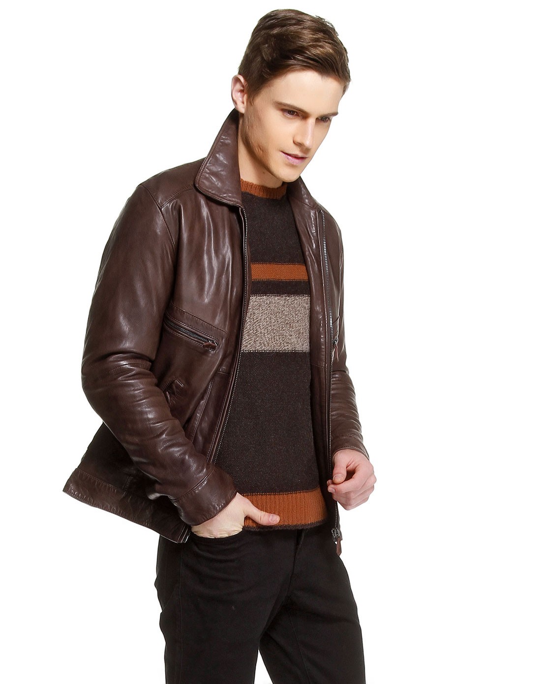 tru trussardi男女装男款咖啡色翻领成熟长袖皮衣i13_527431_69_唯品