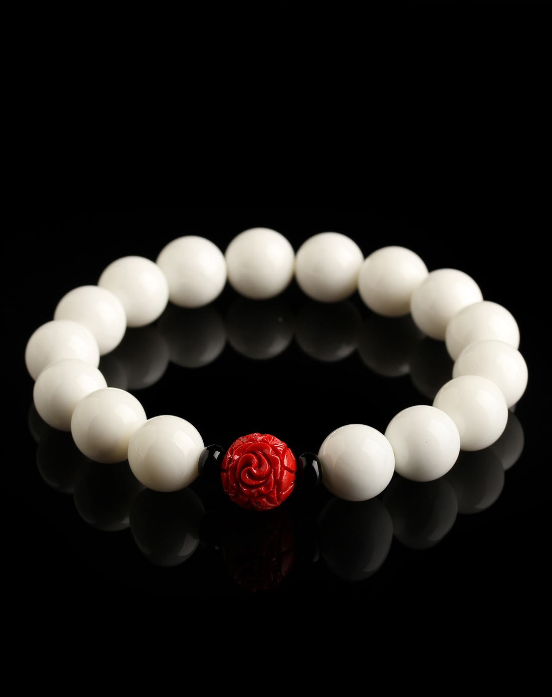 磲言3a级天然白砗磲夹朱砂雕珠原创手链