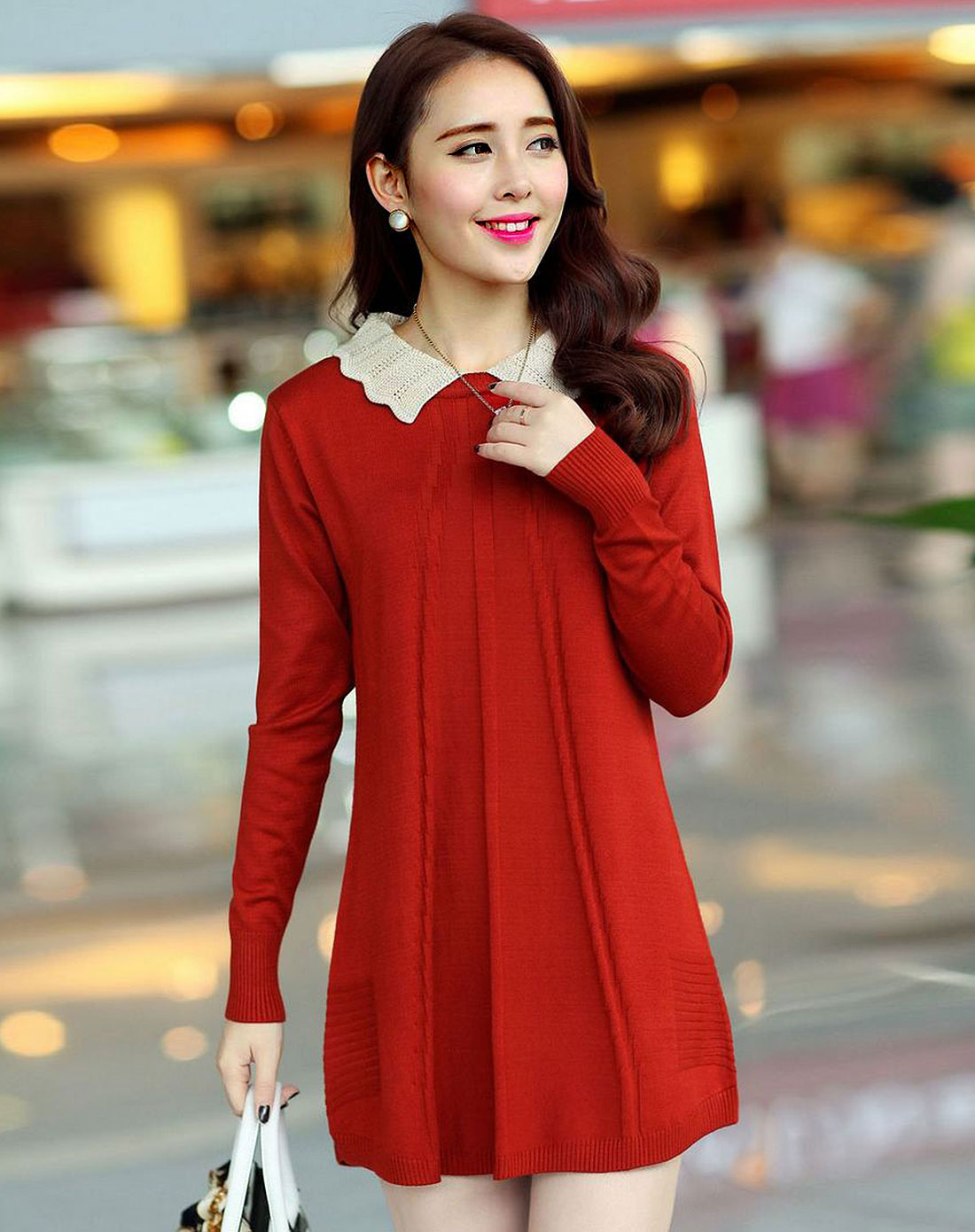 深红色简约百搭长袖中长款针织衫