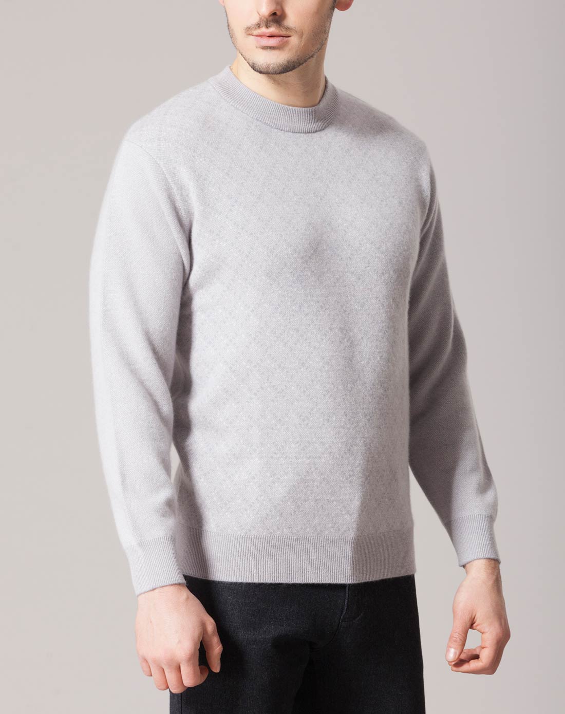 100%山羊绒鼠灰提花男圆领套衫