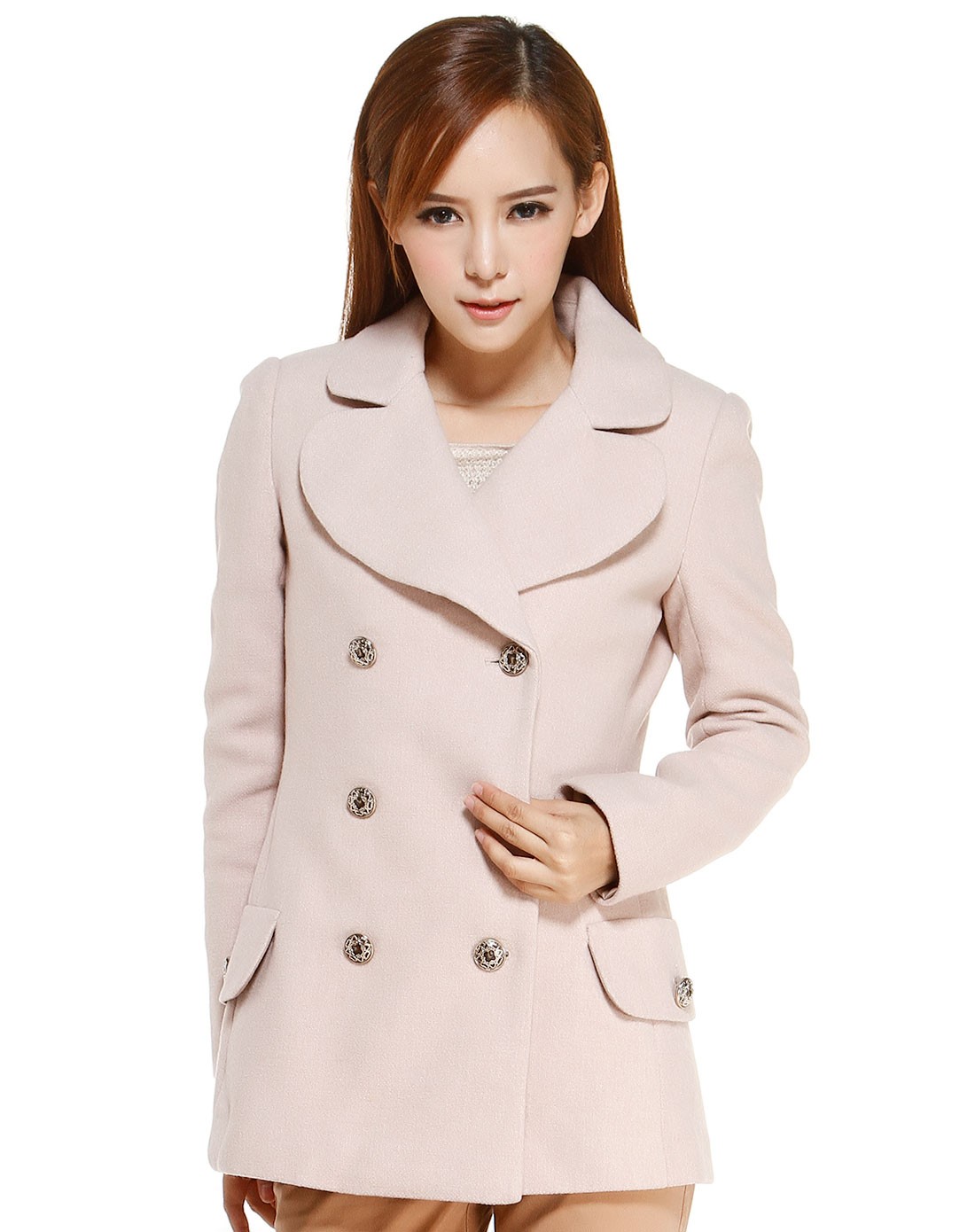 浅米驼色双排扣翻领长袖外套