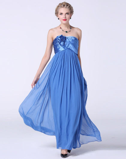 蓝色优雅端庄抹胸连衣裙