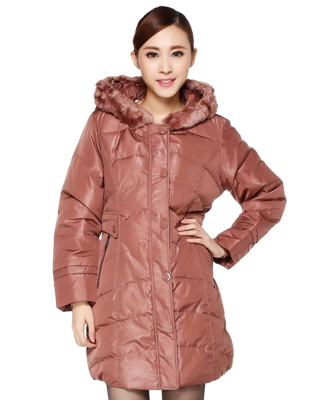 女款深藕色时尚优雅长袖羽绒服