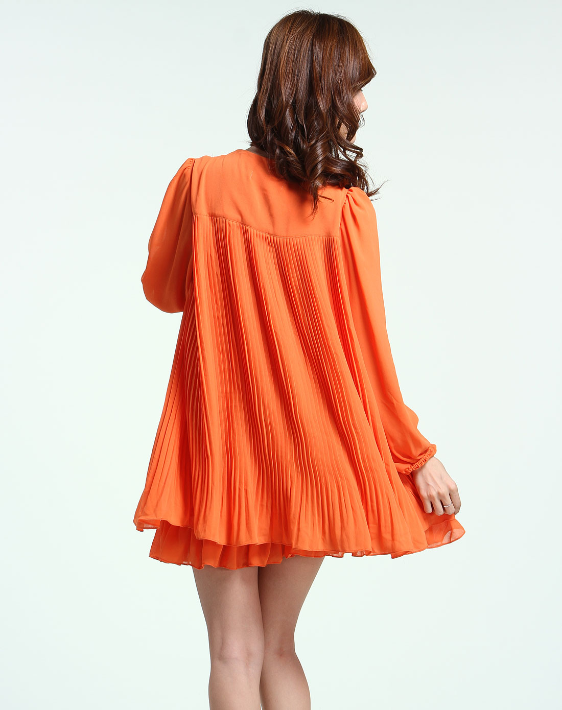 橙色时尚v领长袖连衣裙