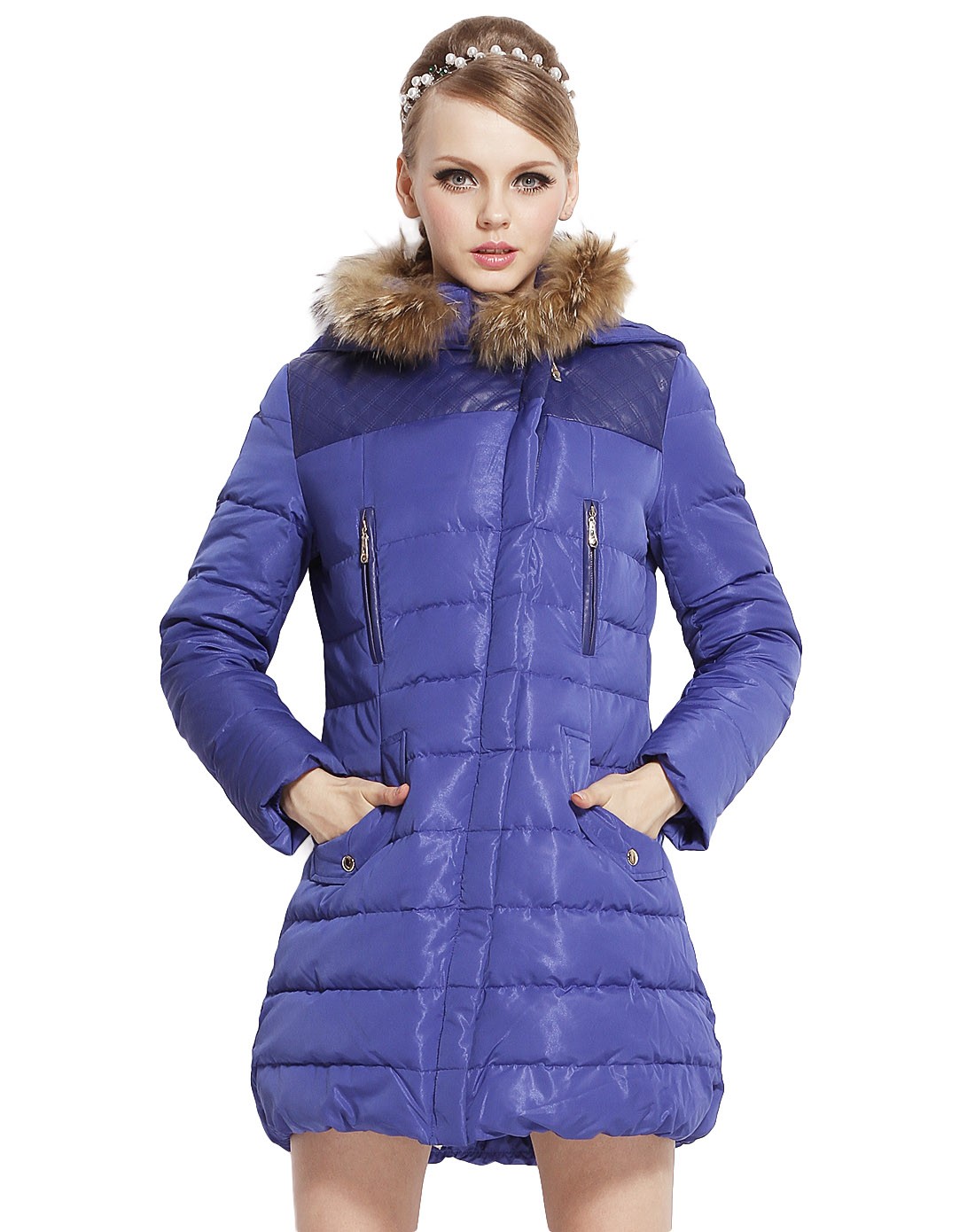 蓝色长款长袖羽绒服