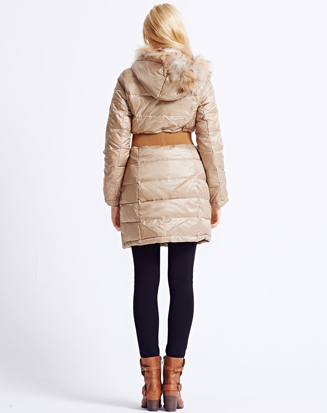 佩吉page one可拆卸帽子高腰束身长款卡其色羽绒服pd188241772_唯品会